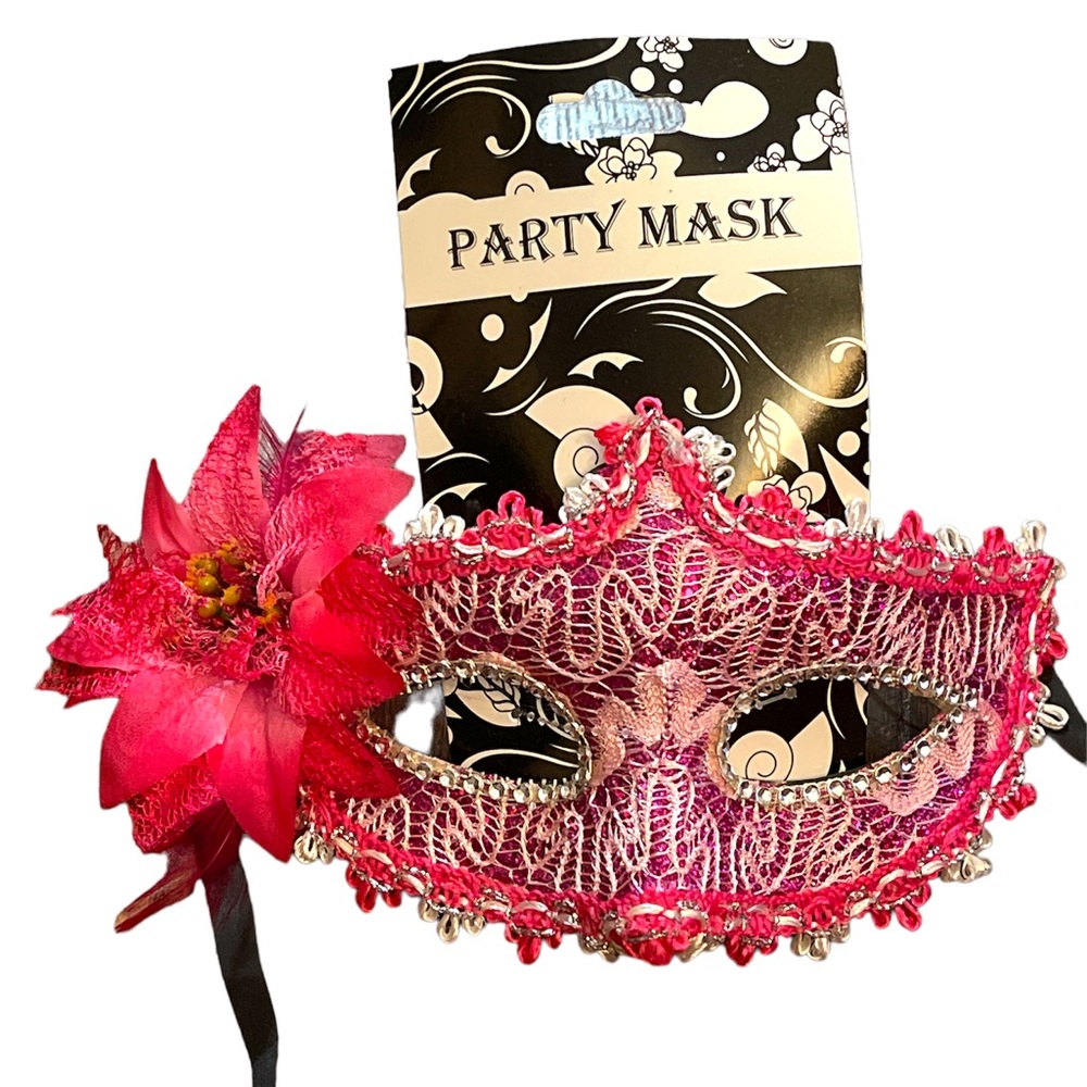 3~Party Mardi Gras Mask Plastic Purple,Hot Pink,Yellow with Ribbon to Adjustable - Picture 3 of 7